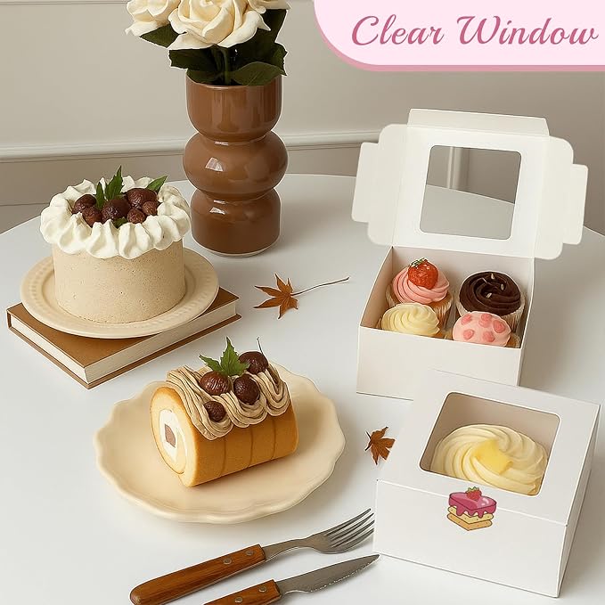 OAMCEG 50 Pack Cupcake Boxes with Window 6x6x3 Inches Cookie Boxes, Bakery Treat Boxes for Pastry, Desserts, Chocolate Strawberries, Cupcake Containers, Gift Giving with Stickers & Twine (White)