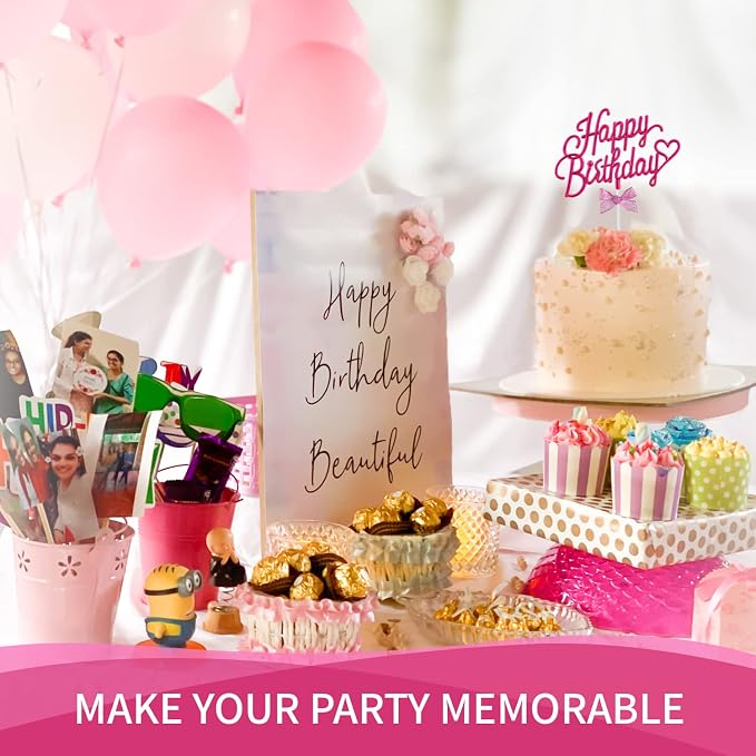 Hot Pink Happy Birthday Cake Topper Plastic - 3D Double Sided Happy Birthday Sign for Cake with Bow, Idea for Cake Decoration (HOT PINK)