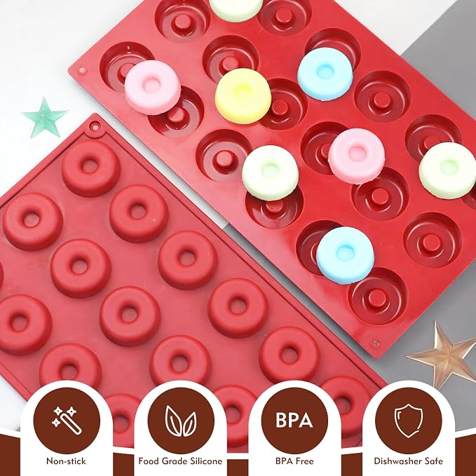 Mini Donut Mold, 18 Cavity Mini Donut Silicone Mold, Heat Resistant Silicone Donut Molds for Baking, Silicone Donut Pan for Baking Muffin Cakes Tart Bread