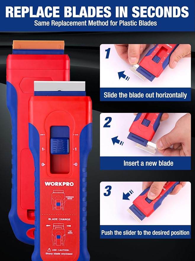 WORKPRO 2-Pack Retractable Razor Scraper Set with Built-in Blade Storage, 182 Blades, 62 Metal Razor Blades & 120 Plastic Blades for Paint Removal, Stickers, Adhesive, Glass, Ceramic and Wood