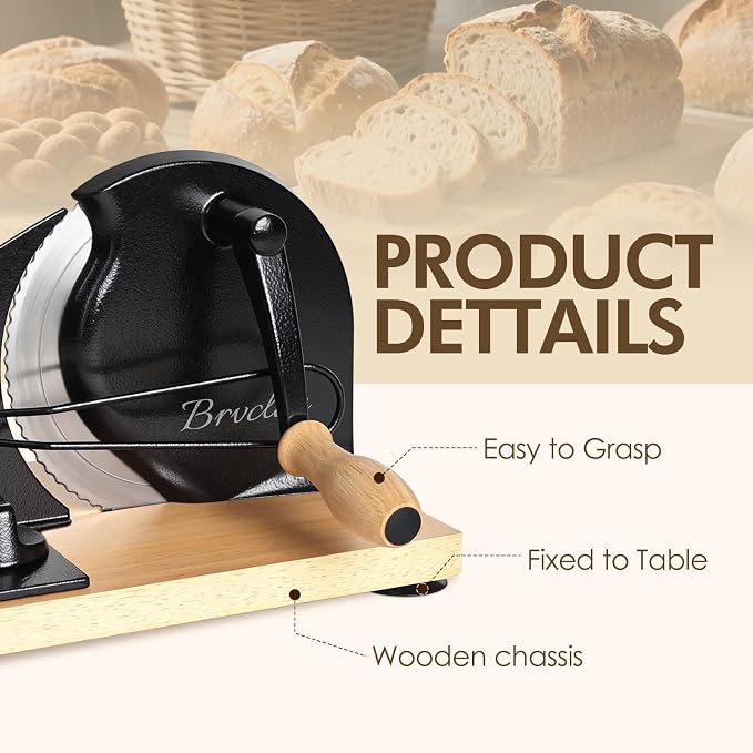 Brvclon Manual Bread Slicer Adjustable Thickness, Hand Crank Bread Slicer for Homemade Sourdough Bread with Scale Line & Suction Cup & Metal Guide,Quality Solid Wood Base & Gift-Level Packaging