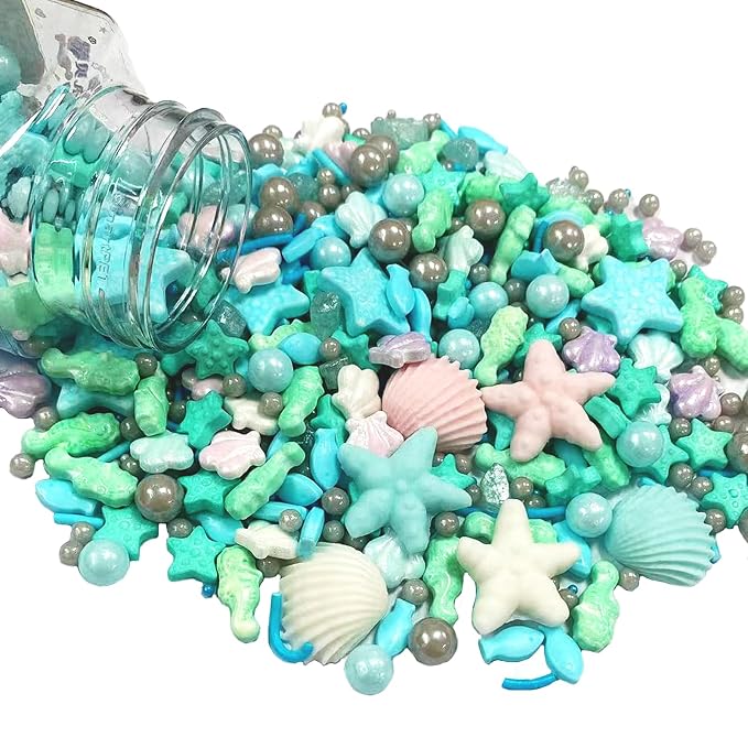 PhilaeEC Blue Ocean Sprinkle Hippocampi Starfish Shell Pearl Fish Mix Candy Edible Sea Theme Party Cake Decoration Baking Cookie Cupcake Toppers Valentines Halloween Christmas Supplies 3.35oz