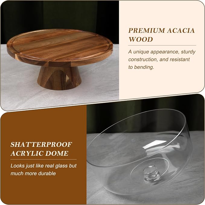 Bellsal Cake Stand with Clear Acrylic Dome Lid, 12in Acacia Wood Cake Holder with Lid, Cake Plate with Lid for Baking Gifts, Cake Display Server Tray for Birthday Party Weddings, Housewarming Gift