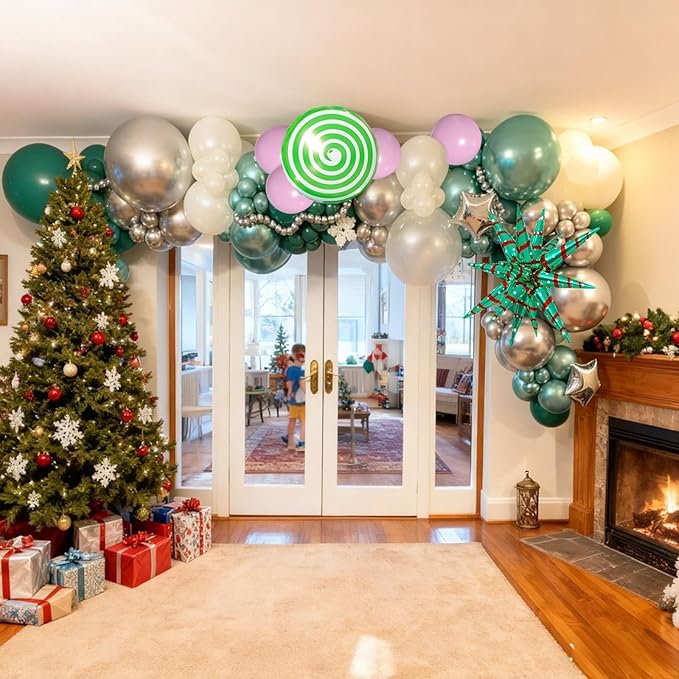 Christmas Balloon Arch Kit, Pink Green Metallic Silver Pearl Balloons with Star Foil, Pink Candy Cane, Green Candy Balloons for Birthday Party Decorations Baby Shower Backdrop