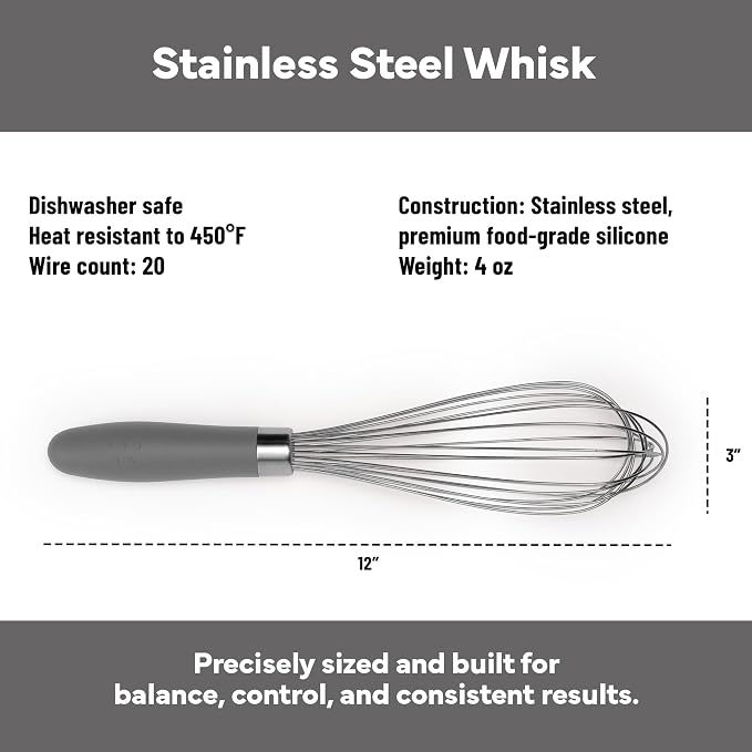 Misen Stainless Steel Balloon Whisk - Dishwasher Safe - Ergonomic Silicone Grip, Versatile Cooking Whisk for Eggs, Durable Construction - Professional-Grade Kitchen Tool - Gray