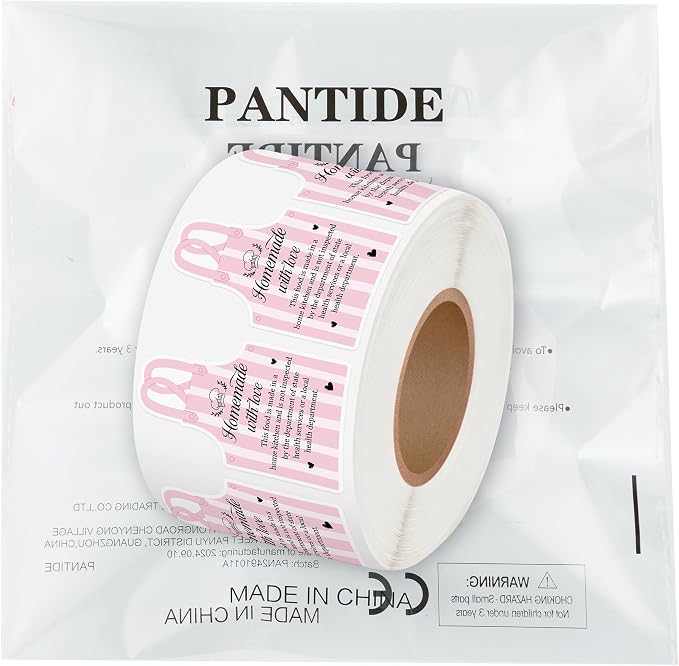 PANTIDE 500 Count Cottage Food Law Labels Sticker Pink Apron Shaped | Homemade with Love, Waterproof Adhesive Decal Roll, Made in A Home Kitchen Inspection Statement, Food Packaging, 2 x 1.2 Inch