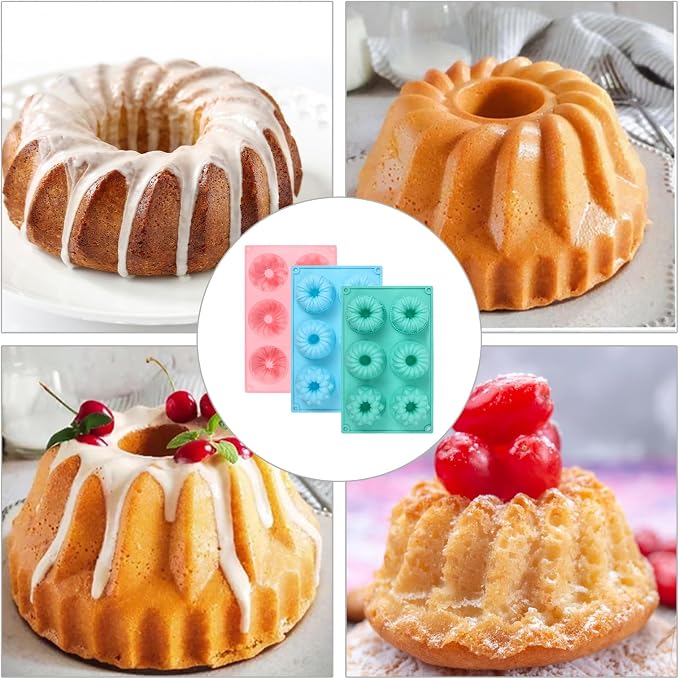 3 PCS Mini Bundt Cake Pans for Baking, 6-Cavity Fluted Tubular Mini Cake Pans, Silicone Molds for Baking, Ideal for Brownies, Cookies, Cupcakes, Jellies, Muffins, Donuts(Three Shapes)