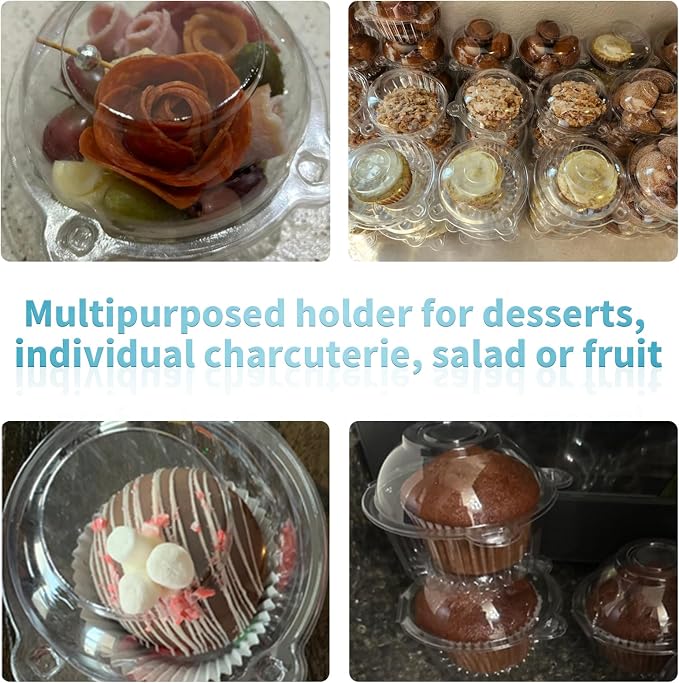 150 Pcs Cupcake Holders with Dome Lids, Stackable Individual Plastic Muffin Containers, Cute Dessert Boxes Disposable for Bake Sale, Party Favor Cake, Fruit, Salad, Cocoa Bombs (Clear)