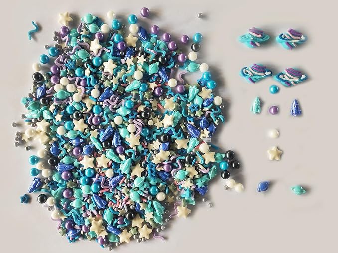 Edible Space Themed Big Planet Rocket Sugar Sprinkles Spacecraft Dessert sprinkles Star Cake Cupcake Toppers Pearls cookie decorations for cake Decorating, 3.35 Ounce(Blue)