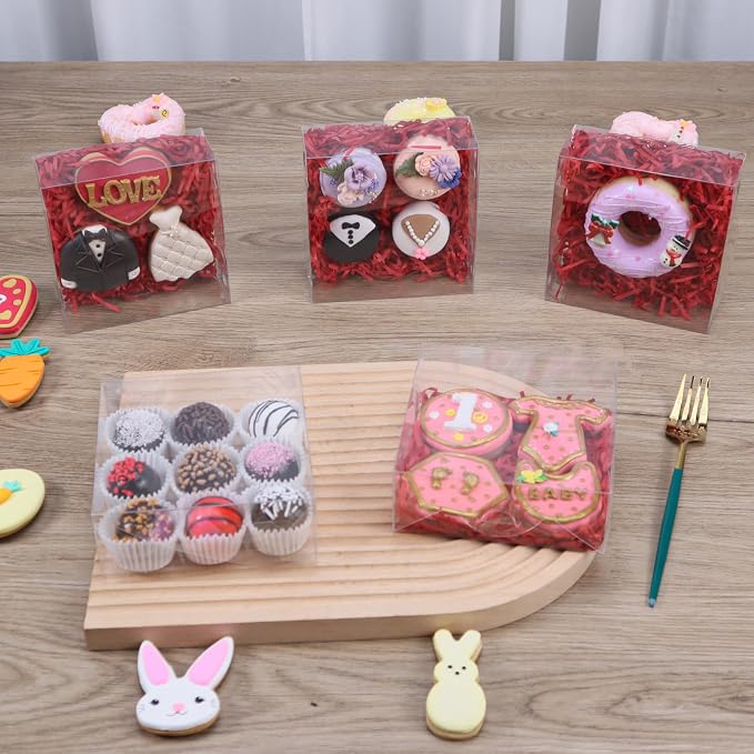 TEMLQPACK 50pcs 5x5x2 Inch Bakery Boxes with Window Cookies Boxes Soap Box Chocolate Truffle boxes Macaron Boxes Gift Treat Boxes for Cake Browine pastries, Dount or gifts goodies Party Favor