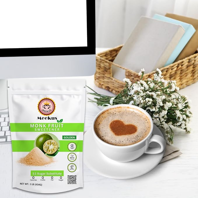 Meekus Natural Monk Fruit Sweetener w/Erythritol - Classic Monkfruit Extract Powder,Zero Calorie Sugar Substitute,Keto Diet Friendly for Baking,Coffee,Tea,Vegan Sugar Replacement,Gluten Free,Golden