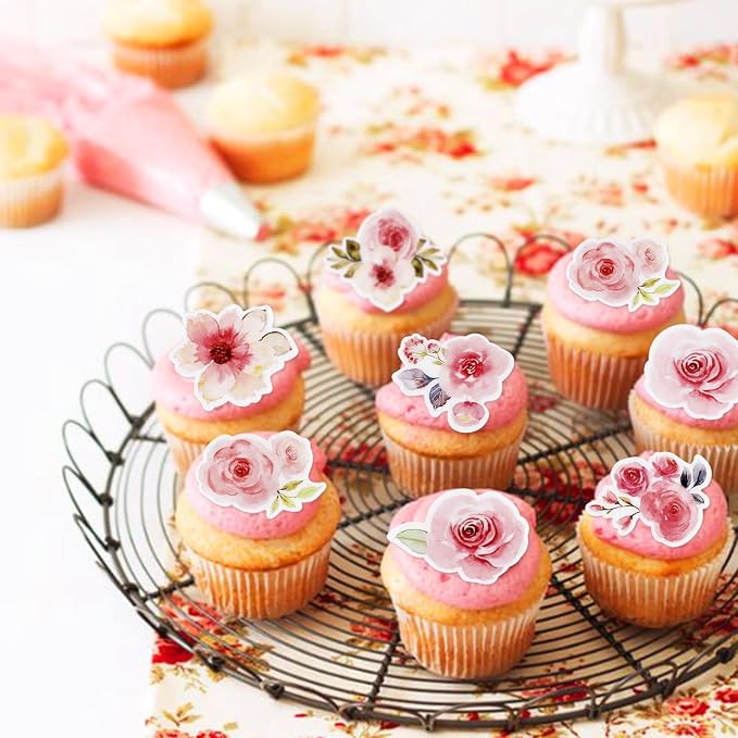 40Pcs Edible Pink Flowers Blossom Cupcake Toppers Spring Flower Edible Cupcake Toppers Floral Drink Topper for Spring Baby Shower Floral Wedding Girls Birthday Mother's Day Cupcake Decorations
