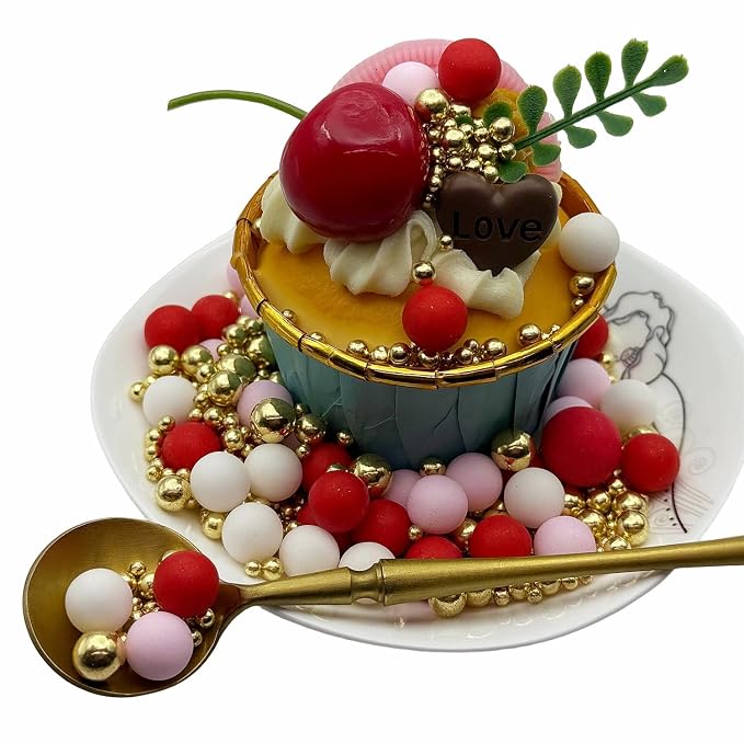CandiJumpin Edible Pearls for Cake Decorating, Valentines Sprinkles Red White Pink Pearl Sprinkles Gold Sugar Pearls Edible Cake Decorations Valentine Baby Shower Party Birthday Wedding Christmas Supplies 3 OZ