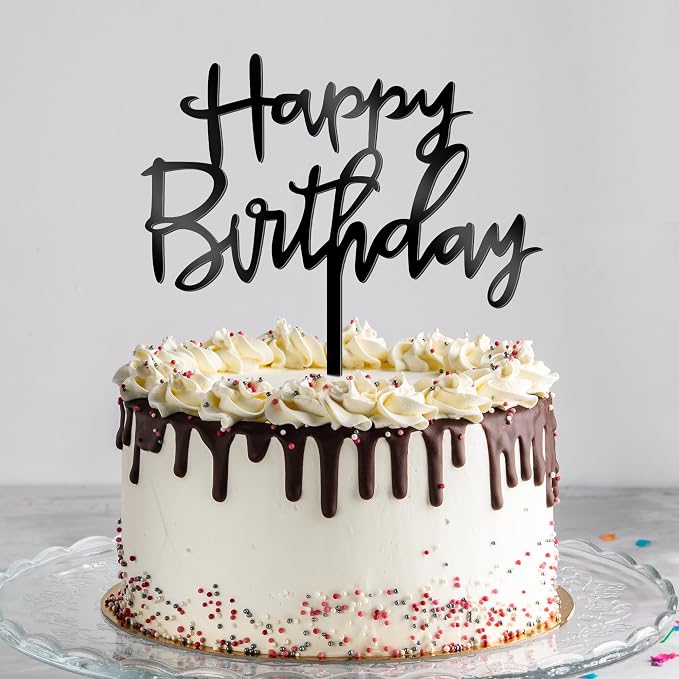 1PCS Acrylic Cake Topper, 4.7 Inches x 5.5 Inches Happy Birthday Cake Topper, Black Birthday Cake Decorations Flower Arrangements Sign for Baby Shower, Anniversary Decor