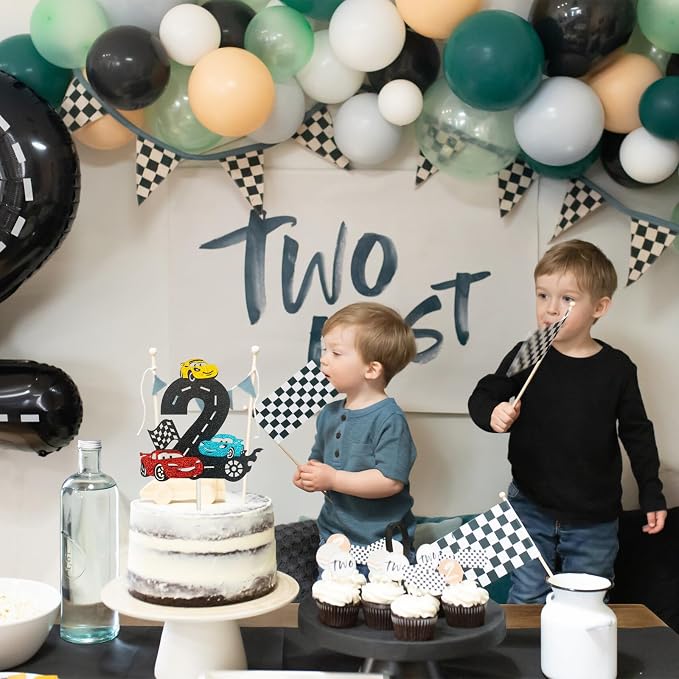 MEMOVAN Race Car 2nd Cake Topper Two Fast Cake Topper Racing Car Birthday Cake Decoration for Racing Car Checkered Flag Themed Girl Boy 2 Years Birthday Party Decoration Double Sided