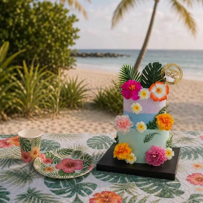 18Pcs Hawaiian Flowers Cake Decorations, Tropical Luau Cake Toppers with Hibiscus and Palm Leaves, Summer Cupcake Toppers, Non-Edible Aloha Beach Party Supplies for Birthday Celebration