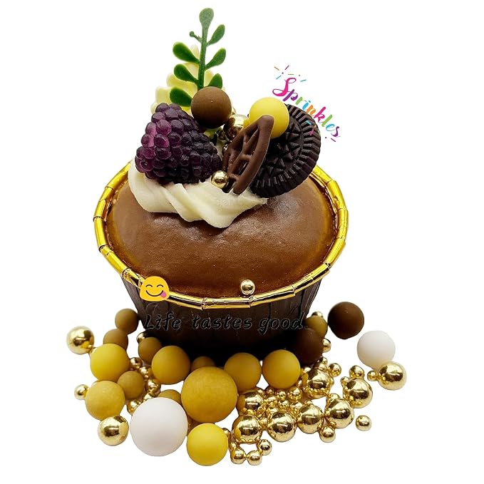 SE Si&Moos Gold Brown Yellow and White Sprinkles for Cake Decorating Yellow and Brown Edible Pearl Cake Decorations Gold Sprinkles for Cake, Cupcake, Baby Shower Birthday Party Holiday Christmas Supplies 3 OZ