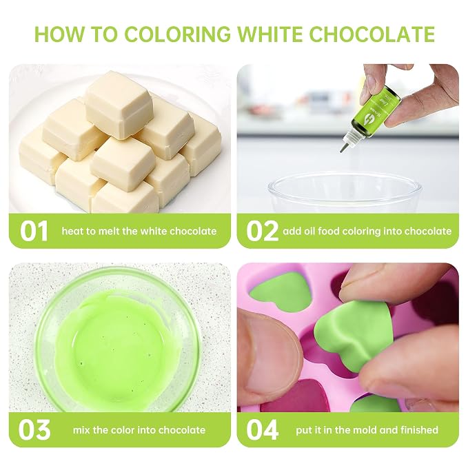 Oil Based Food Coloring for Chocolate 6 Colors x 10 ml Green Concentrated Green Oil Food Coloring for Candy Melts, Cake Pops, Strawberries - 6 Colors green