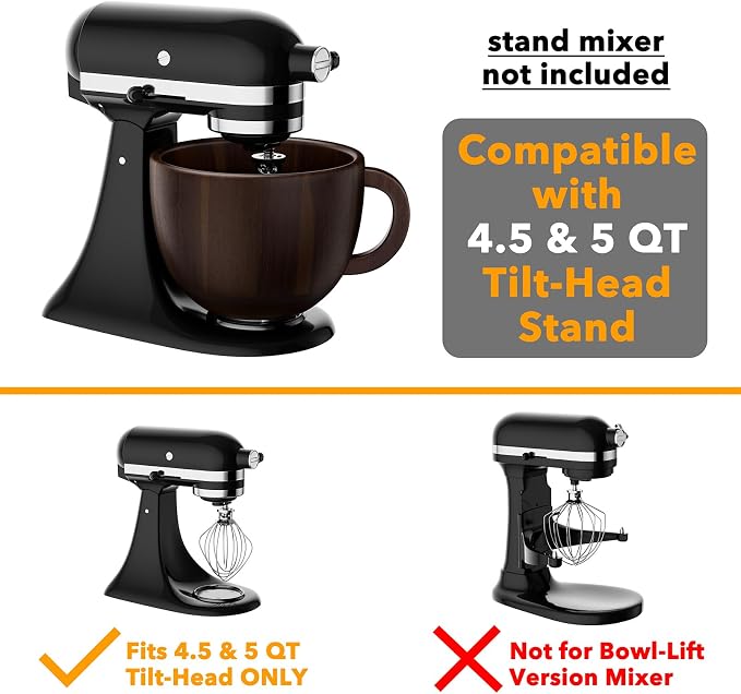 SpaceAid Wooden Bowl with Handle, Kitchen Space Aid Acacia Wood Mixing Bowls Holder for Stand Mixer, Compatible with 4.5 & 5 QT Tilt-Head Models Kitchen, Dark Wood