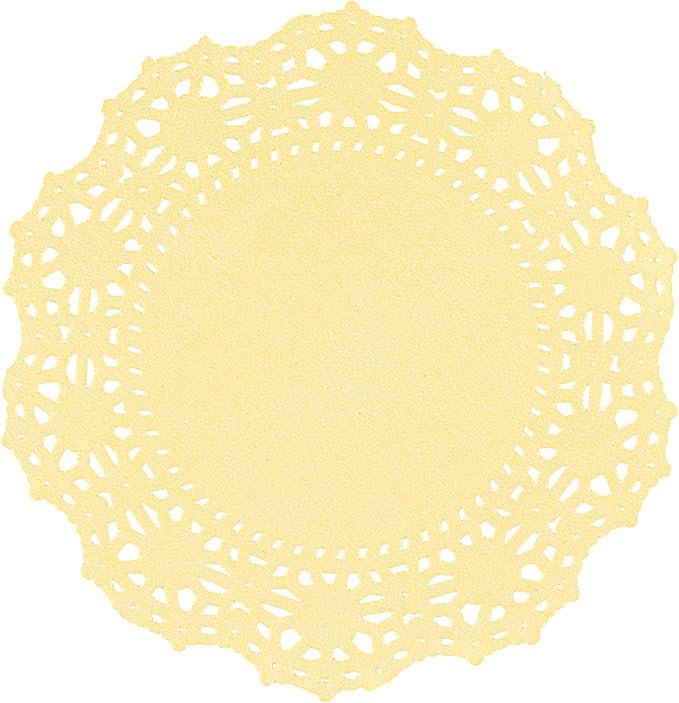Pastry Tek 4 x 4 Inch Paper Lace Doilies, 100 Disposable Table Doilies - Elegant Lace Finish, Long Lasting, Yellow Paper Doily, for Pastries, Cupcakes, Desserts - Restaurantware