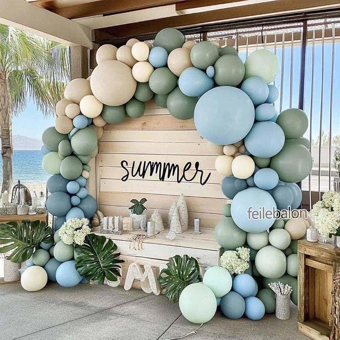 Dusty Blue Green Balloon Arch Kit Double Stuffed Pastel Light Sage Green Blue White Sand Beige Balloon Garland for Birthday Baby Shower One Silly Goose Dinosaur Wedding Ocean Party Decoration