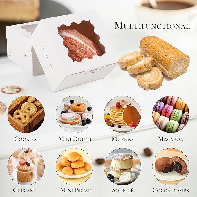 20 Pack Cookie Boxes with Window, 4x4x2.5 Inch White Bakery Box, Kraft Paper Treat Boxes for Pastries, Cookies, Pie, Donuts, Macaron, Strawberry Boxes