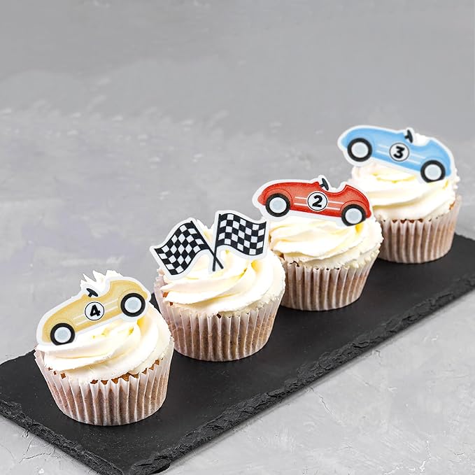 Ercadio 48Pcs Edible Cute Race Car Cupcake Toppers Cherkered Flags Race Cars Cupcake Picks Racing Car Birthday Cake Toppers Baby Shower Funny Birthday Party Decoration Supplies