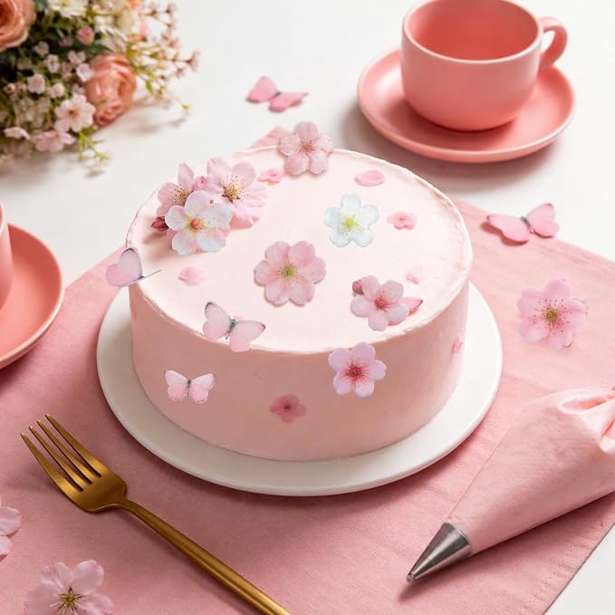 85 Pcs Edible Flowers Cake Decorations - Edible Wafer Paper Flowers & Butterflies Cupcake Toppers for Wedding Birthday Party Cake Decorating