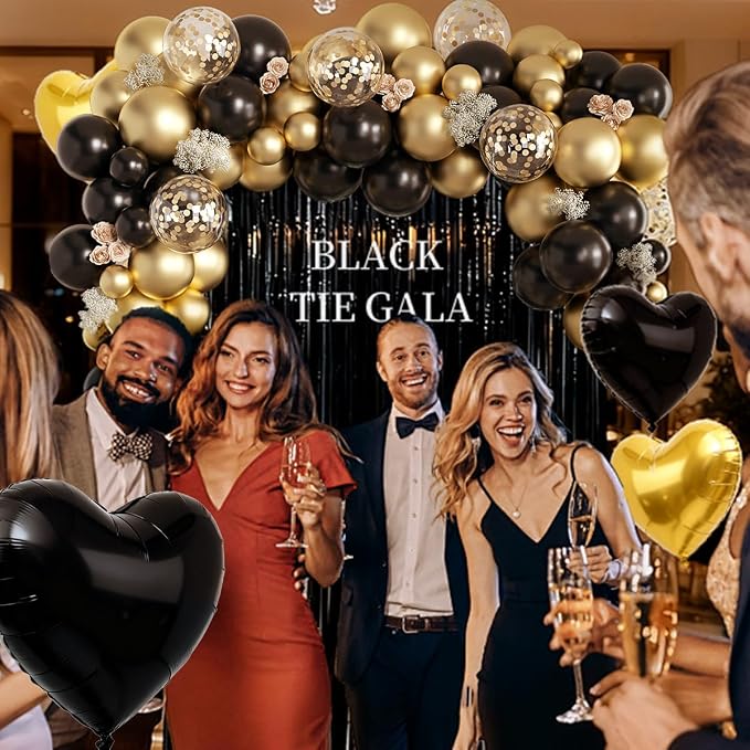 157Pcs Black and Gold Balloons Garland Arch Kit with Fringe Curtain for Graduation Birthday New Year’s Eve Black Tie Gala Anniversary Wedding Party Decorations