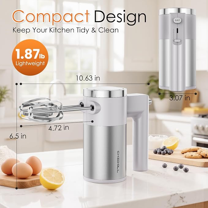 CHIDOLL 600W Hand Mixer, 5-Speed Electric Hand Held Mixer for Baking, Lightweight Stainless Steel Hand Beaters *2 & Dough Hooks*2 with Eject Button, Kitchen Mixer for Cream, Cookies, Dough