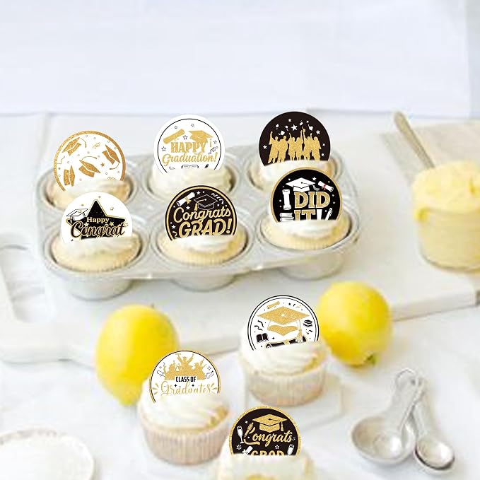 63 PCS Edible 2026 Graduation Cupcake Toppers Wafer Paper Class of 2026 Cake Decorations Edible Diploma Congrats Grad Cap Cupcake Picks for Congratulations 2026 Graduation Theme Party Supplies Gold