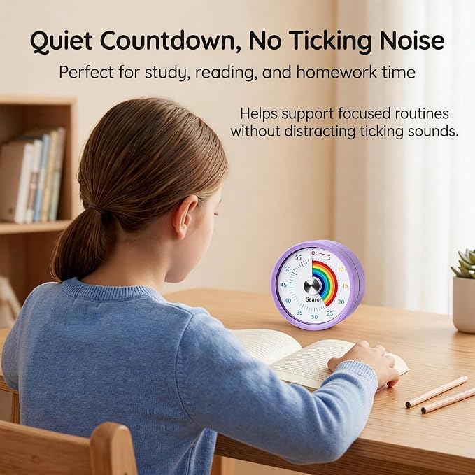 Searon Magnetic Visual Timer for Kids — 3.15" 60-Minute Rainbow Dial Timer for Homework, Study & Morning Routines, Silent LED Mode, Pause Function for ADHD, Kitchen, Cooking & Baking (Purple)