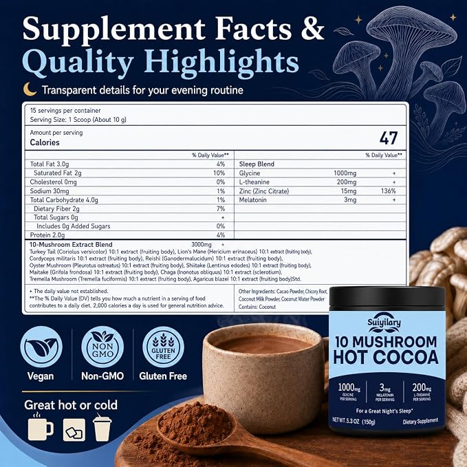 Suiyilary 10 Mushroom Hot Cocoa, 3mg Melatonin Sleep Supplement, Sugar Free Keto Cocoa Powder, Nighttime Drink, 1000mg Glycine, 200mg L-Theanine, Help Fall Asleep and Stay Asleep, 15 Servings