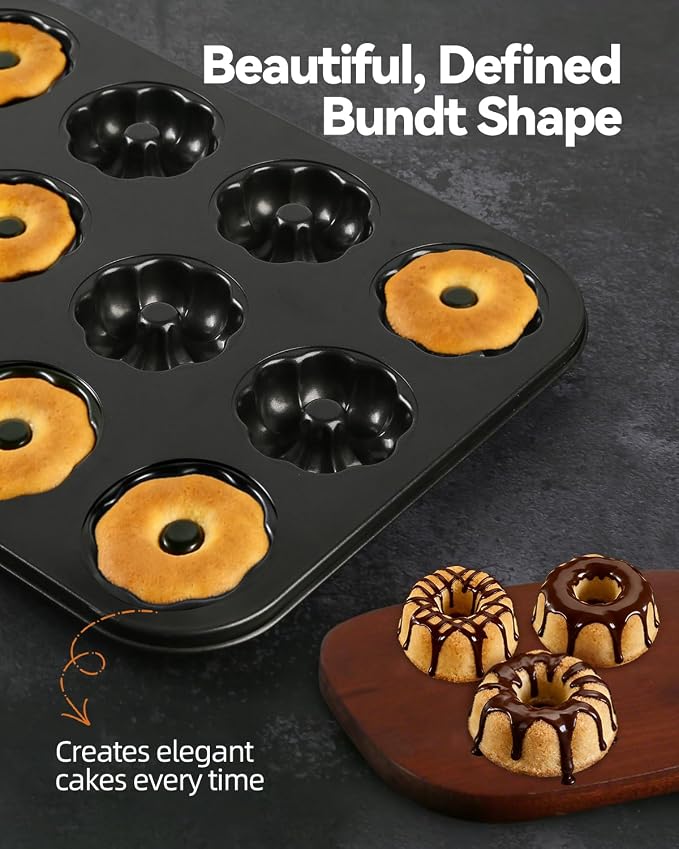 2 Pack Mini Bundt Cake Pans for Baking, 12-Cavity Nonstick Mini Bundtlette Baking Mold, Heavy-Duty Carbon Steel, Oven-Safe to 450℉ Versatile Fluted Bake Pan for Muffins, Brownies, Cupcakes, Mini Cakes