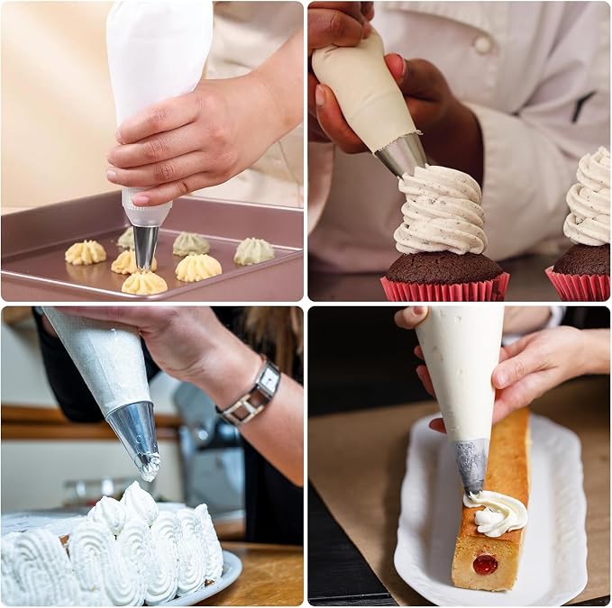 4 Pack 10 Inch Reusable Piping Bags, Cotton Cloth Pastry Bags with Plastic Coating, Professional Tipless Icing Bags for Cake Decorating Cupcakes Cookies Desserts and Baking Supplies