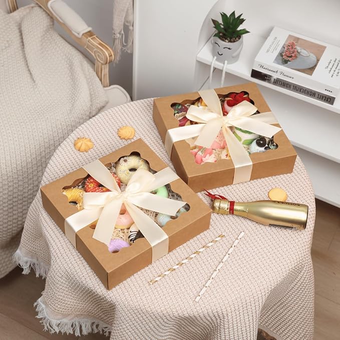 TOMNK 60pcs 10x10x2.5 Pie Boxes Auto-Popup Bakery Boxes with Window, Cookie Boxes for Pies, Treat Boxes Dessert Boxes for Pizza, Strawberries, Chocolate, Pastries, Muffins and Donuts