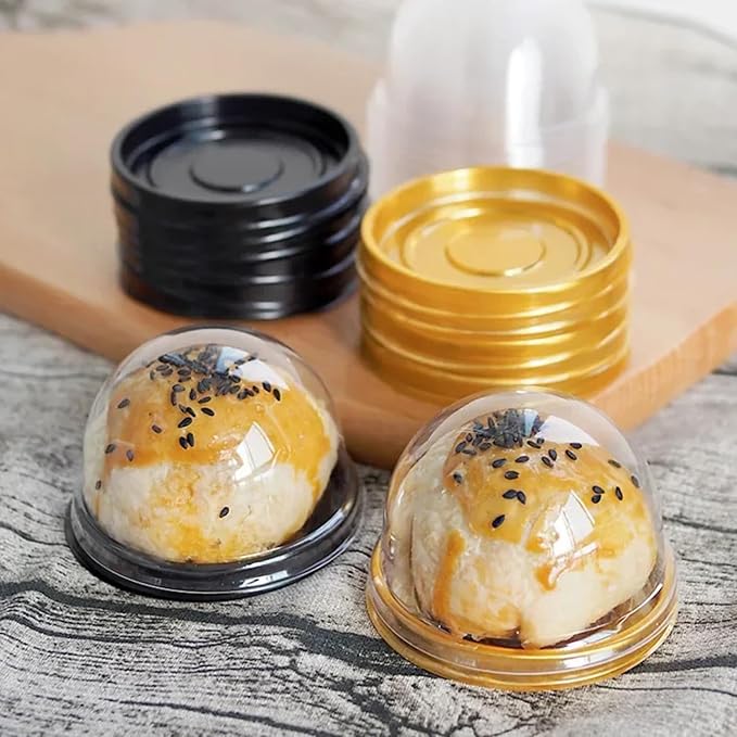 50Pcs Clear Plastic Mini Cake Box with Dome Lids, Mini Muffin Container Box Mooncake Dome Box Pastry Baking Packaging Boxes Wedding Birthday Gifts Supplies (Black Base)