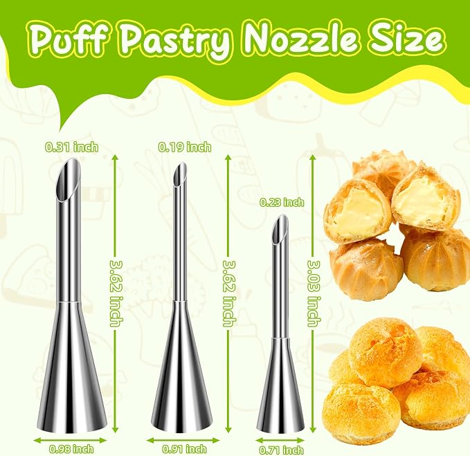 Suuker Stainless Steel Cream Piping Tips, Silver, 3 Pieces | Long Cream Puff Nozzle, Small Pastry Icing, Decorating Tools