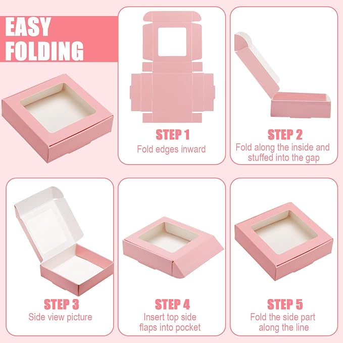 Zonon 60 Pcs Kraft Paper Boxes with Window 4.13 x 4.13 x 1.18 Inch Candy Packaging, Small Gift Boxes, Soap holder, Mini Treat Packaging for Bakery Chocolate Jewelry Display (Pink)