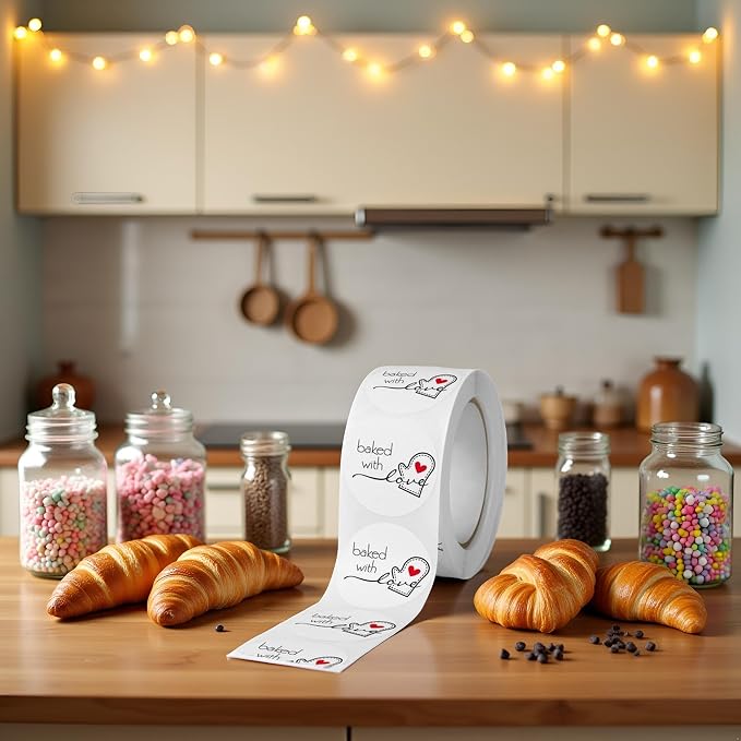 500Pcs/Roll White Baked with Love Adhesive Stickers Round Baking Stickers Bakery Bags Candle Packaging Sticker Labels,Labels and, Indexes and Stamps