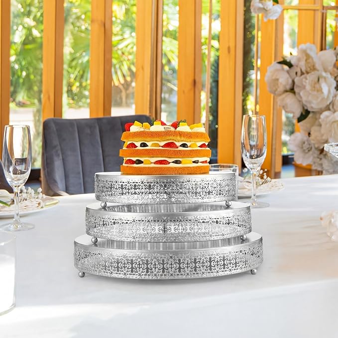 Wenqik 3 Pcs 16'' 14'' 12'' Metal Silver Cake Stand Round Cake Stands for Dessert Table Cookies Fruit Serving Tray Cupcake Dessert Pastry Riser for Wedding Birthday Party and Events (Retro Style)