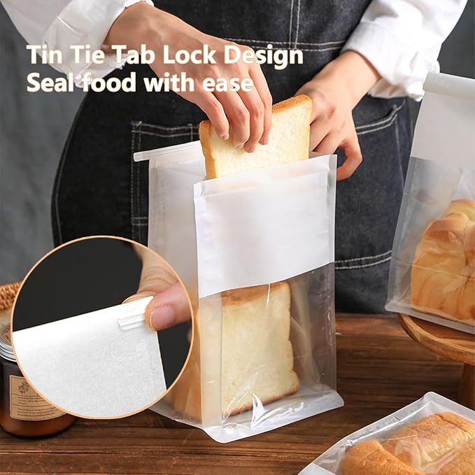 50 PCS White Bread Bags for Homemade Breads, 11x5.1x3.9 Inch Resealable Cookie Bags with Tin Tie Tab Lock, Paper Bakery Bag with Window for Packaging Bagels, Scone, Brownie, Baked Goods Storage