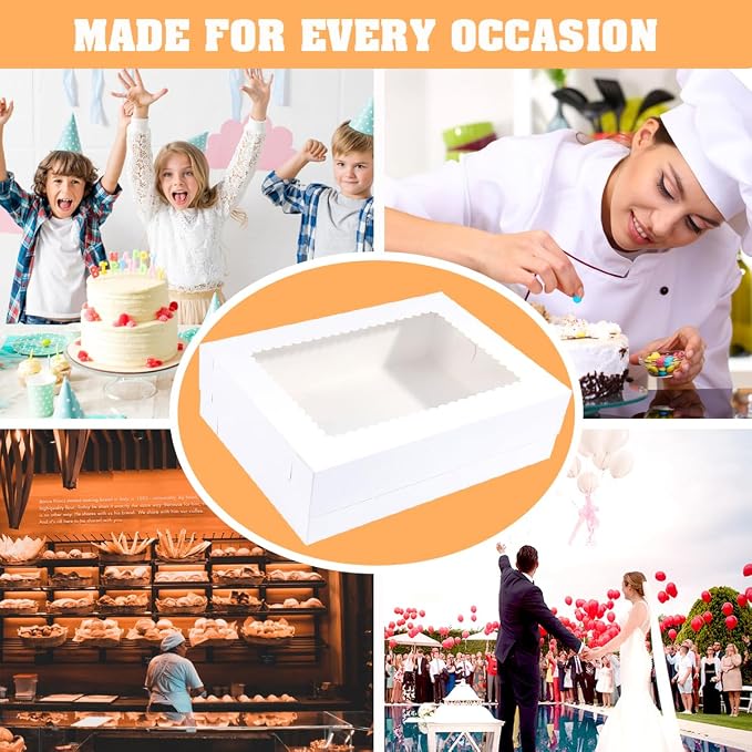 JJO 14x10x4 Inches 10 Pack Cake Boxes with Cake Board,White Bakery Boxes for Quarter Sheet Cakes,Donuts,Cupcakes, Brownie&Pie