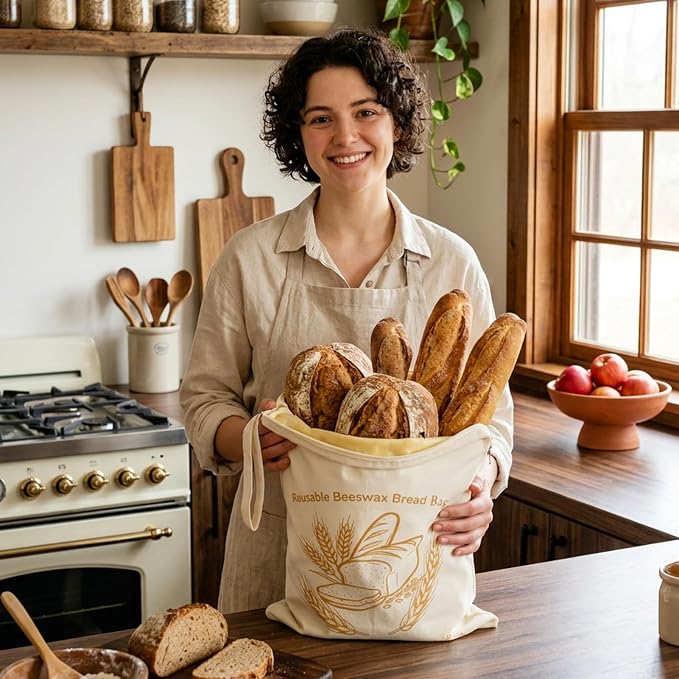 2 Pack Reusable Beeswax Bread Bags with Wide L-Shaped Zipper for Homemade Bread Sourdough - 17x13 Large Organic Cotton Linen Storage Bag - Moisture Lock Keeps Bread Fresh, Easy to Clean