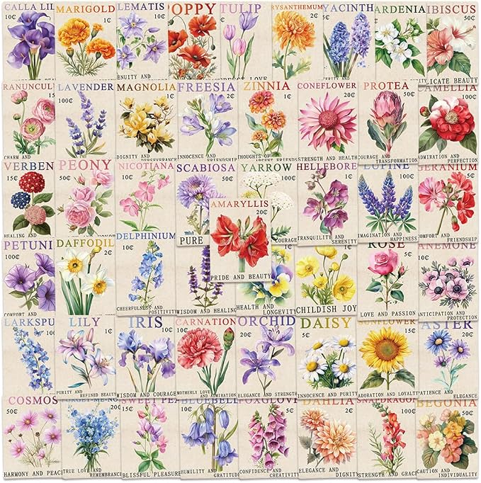 Vintage Flower Stamp Stickers,100pcs Aesthetic Retro Botanical Floral Decals Wildflower Junk Journal Scrapbook Stickers for Laptop Planner Notebook Crafts Cute Garden Flower Decor Sticker Gift
