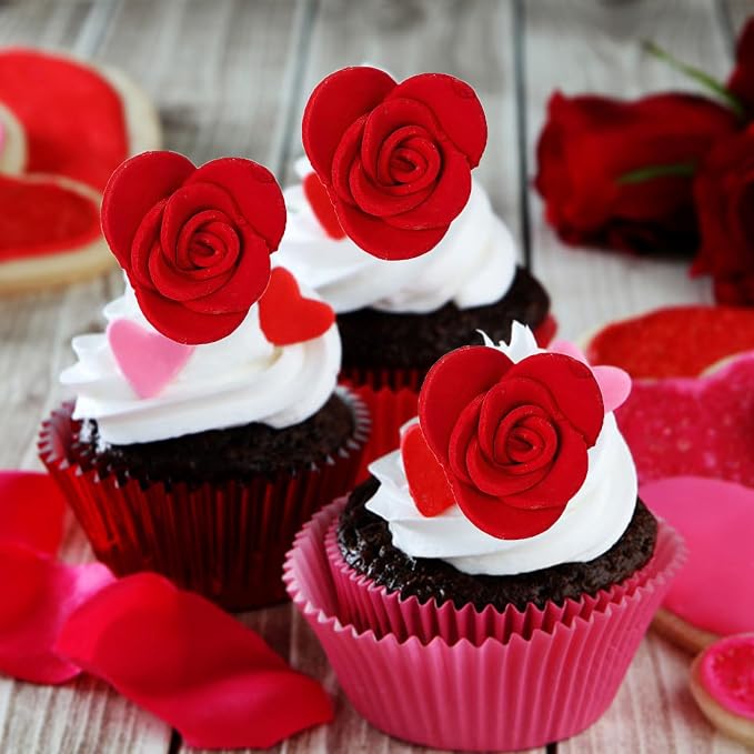 Sentovac 8 Pcs Red Rose Flowers Candy Dessert Icing Decoration Edible Valentines Day Sprinkles DIY For Cookie Cake Cupcake Topper Icing Frosting Decoration Holiday Party Supplies
