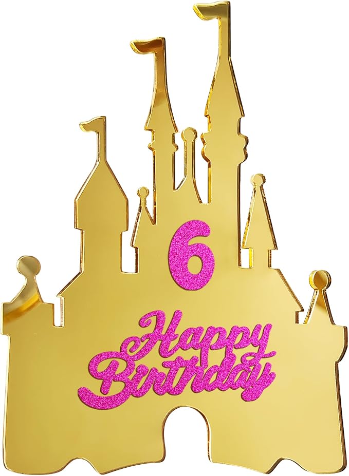 Gold Castle Cake Topper with Numbers 0–9 – Princess Birthday Cake Decorations, Reusable Gold Acrylic Happy Birthday Cake Topper Set for Party Supplies (golden)