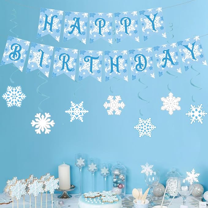 Zwiebeco Blue White Snowflakes Happy Birthday Party Decoration Sign Banner Hanging Paper Swirls for Kids Girls Womens Adults Winter Wonderland Themed Accessories Supplies
