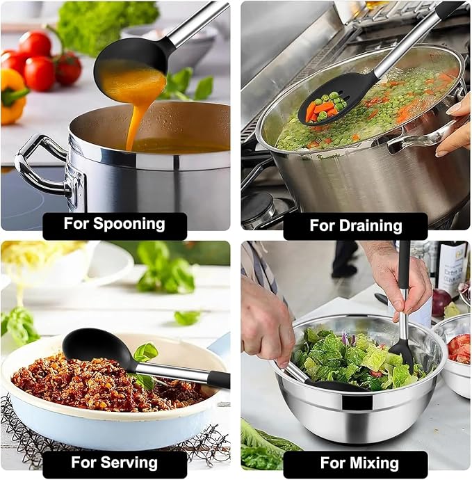 Premium Silicone Kitchen Utensil Set, 4-Piece Cooking Tools with Stainless Steel Handles, Black Non-Stick Spatula and Spoon Collection