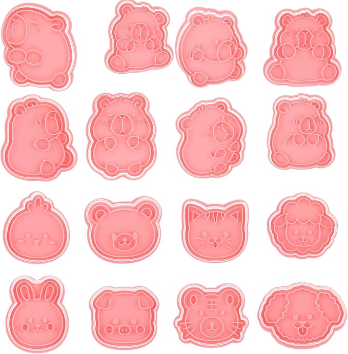 Jspupifip 16 Pack Capybara Animal Cookie Cutters Set, 3D Cookie Plunger Stamps Farm Animal Circus DIY Press Molds Baby Shower Cracker Cutters Birthday Party Baking Supplies Clay Biscuit Molds